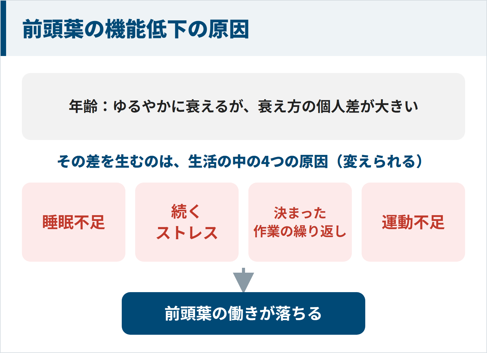 年齢による衰えには個人差があり、その差を生む睡眠不足・続くストレス・決まった作業の繰り返し・運動不足の4つの原因で前頭葉の働きが落ちることを示した図