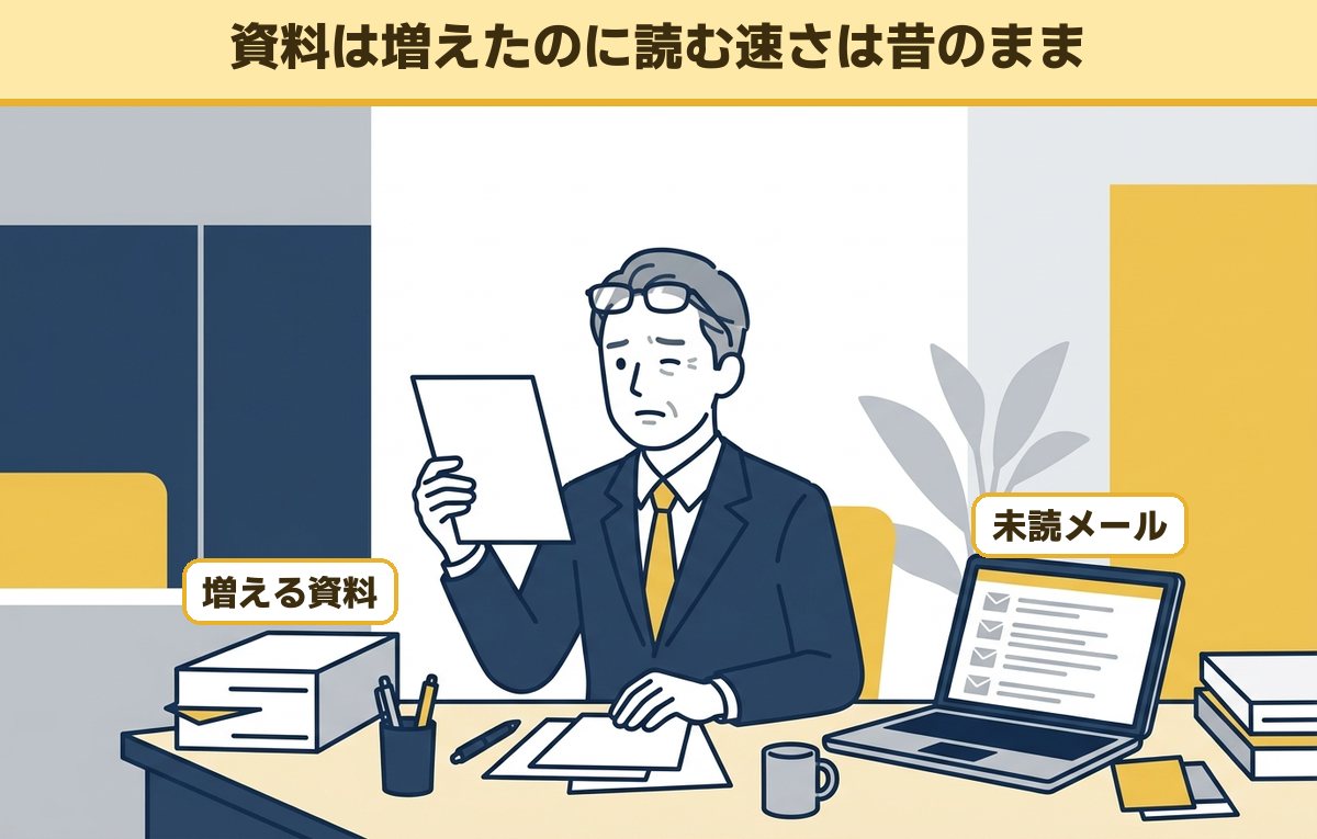 資料とメールが積み上がった机で、書類を離して見ながら迷う50代の管理職
