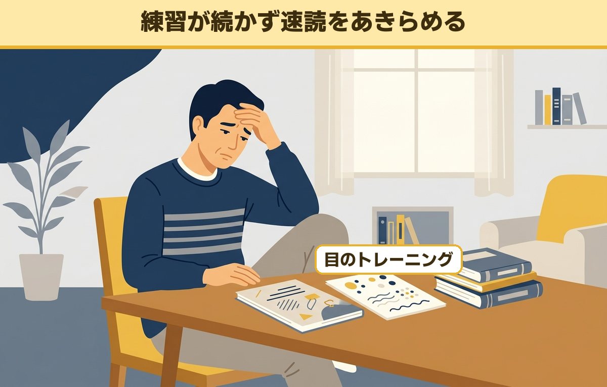 休日のリビングで、目のトレーニングの用紙と教材を前に額に手を当てて落ち込む40代の会社員のイメージ