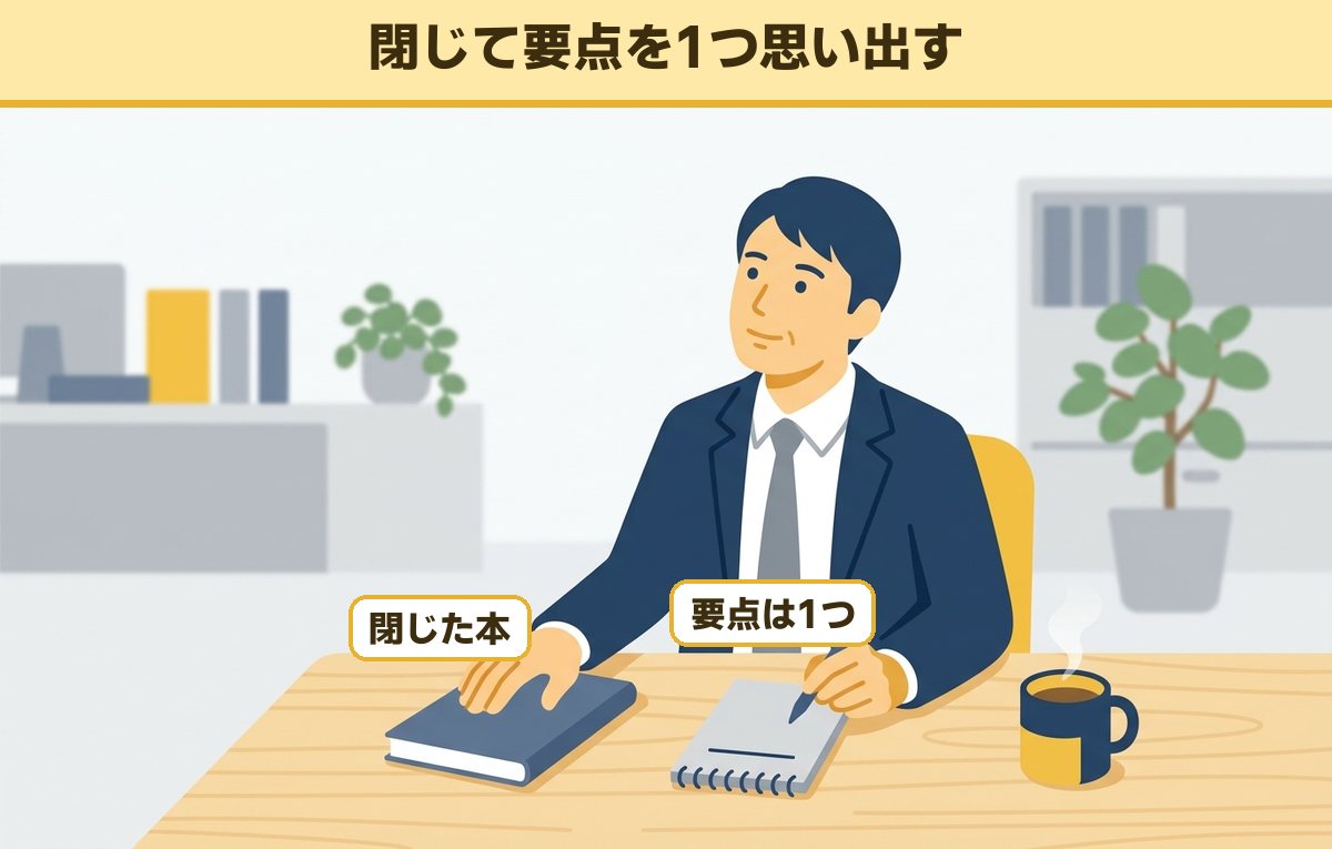紙の本を閉じ、思い出した要点を1つだけメモに書く40代の会社員