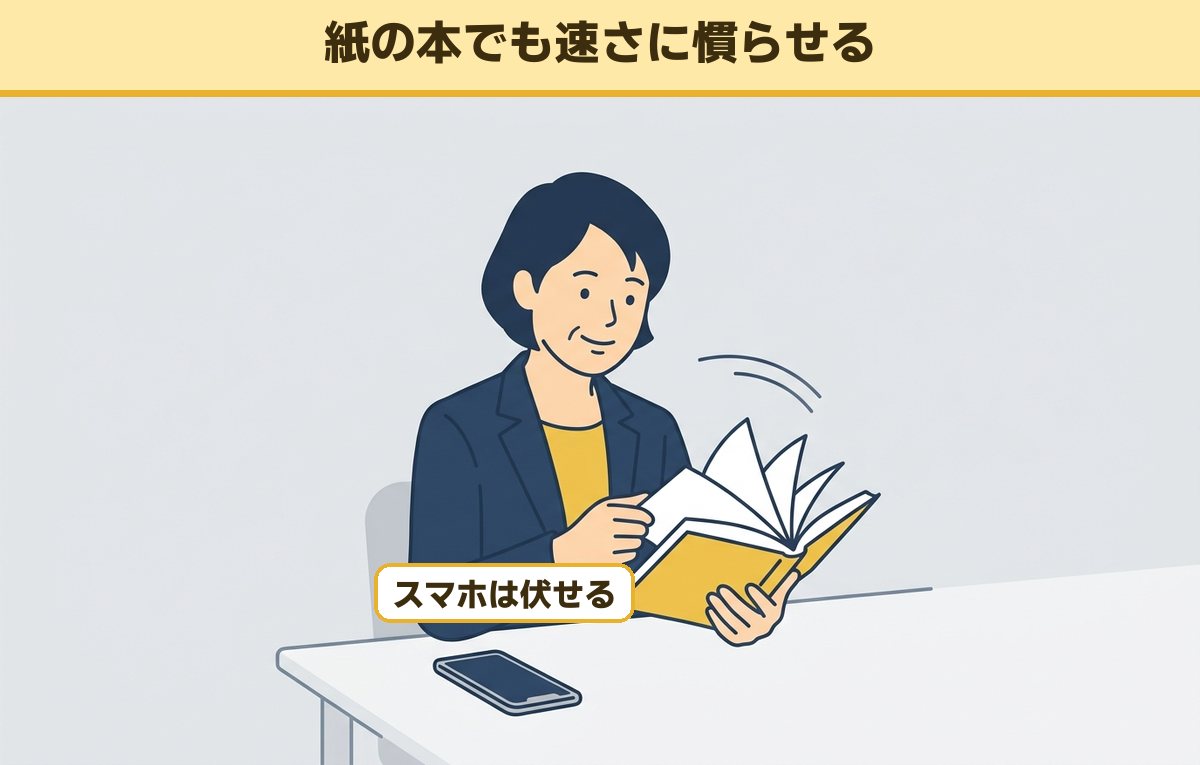 スマホを伏せて置き、紙の本のページを指で素早くめくる50代の女性