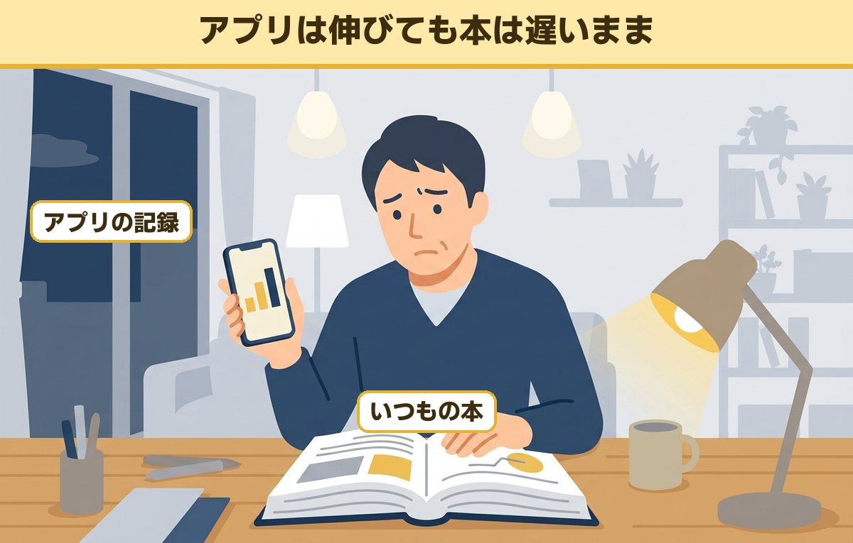 速読アプリの記録が伸びたスマホを手に、開いた本を前に困った顔をする40代の男性