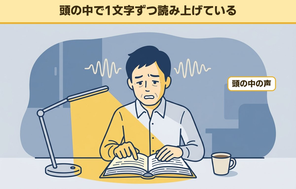夜、デスクライトの下で本を指でなぞりながら疲れた顔で読む40代の会社員のイメージ
