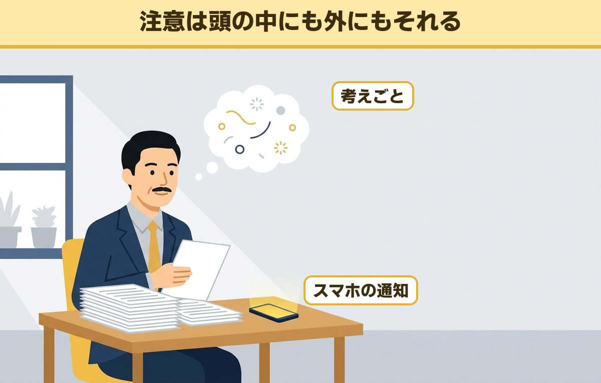 資料を手にしたまま考えごととスマホの通知に注意を引かれる40代の男性会社員
