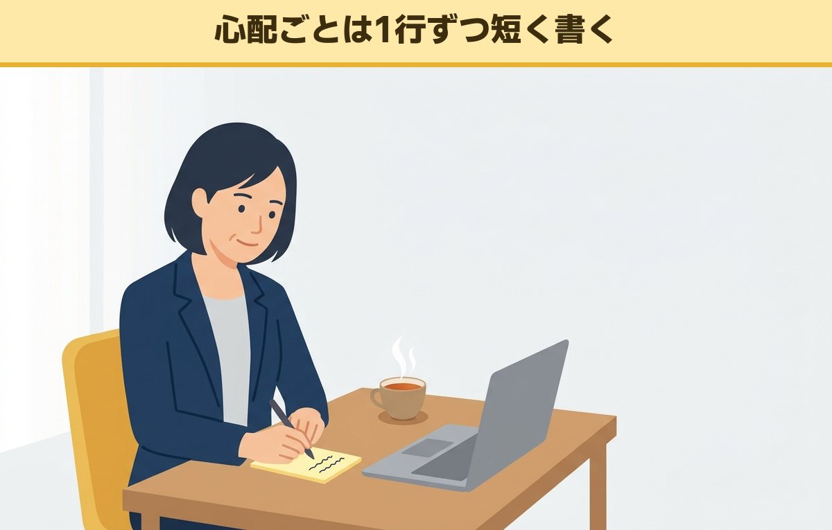 仕事を始める前に小さなメモ帳に短く書き出している40代の女性会社員