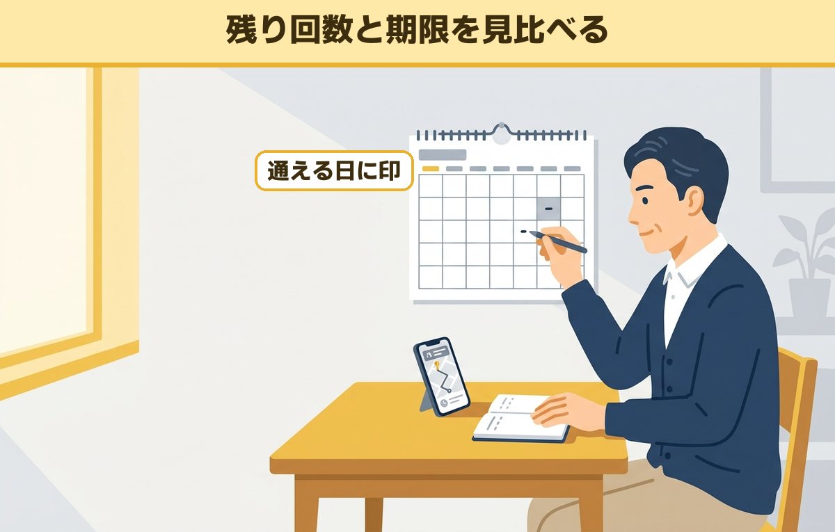 自宅のテーブルでスマートフォンの乗り換え案内を見ながら、壁のカレンダーに通える日の印をつける40代の男性