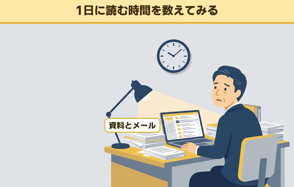 夜のオフィスで積み上がった資料とメールに追われ、壁の時計を気にする40代後半の男性会社員