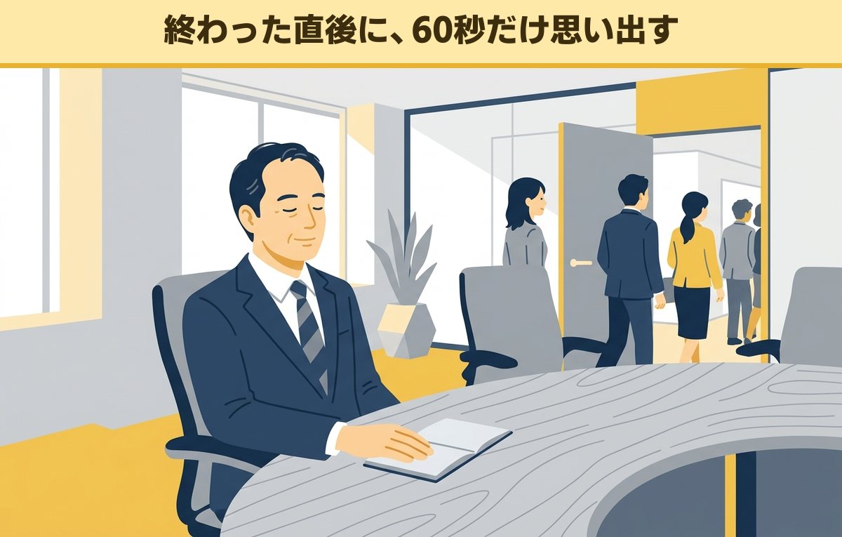 会議が終わり出席者が退室する中、ノートに手を置いて目を閉じ、決まったことを思い出している40代後半の会社員