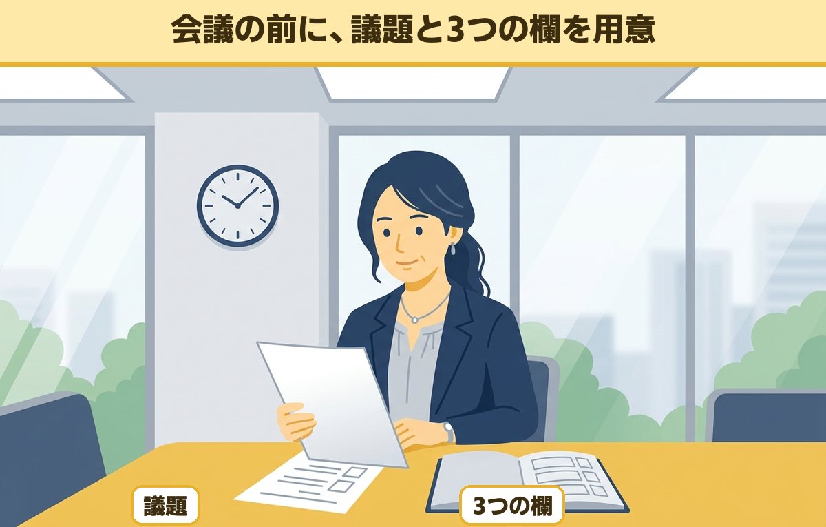 会議が始まる前の会議室で議題の紙を読み、ノートに3つの欄を用意している40代の女性