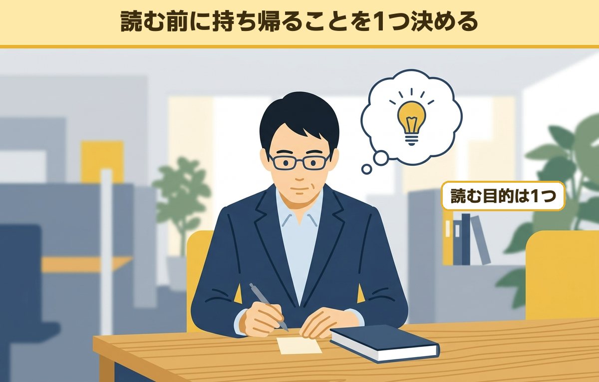 本を開く前に、この本から持ち帰ることを1つだけ決めてメモする40代の会社員