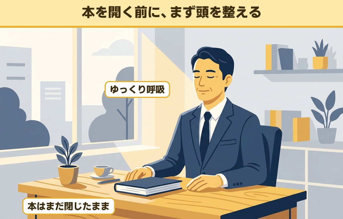 本を閉じたまま机に置き、目を閉じてゆっくり呼吸している40代の会社員