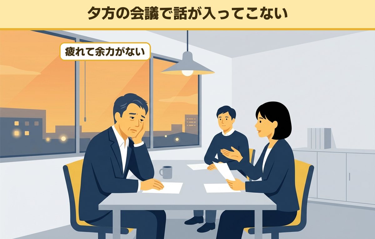 夕方の会議で、疲れて同僚の説明が頭に入ってこない40代の会社員