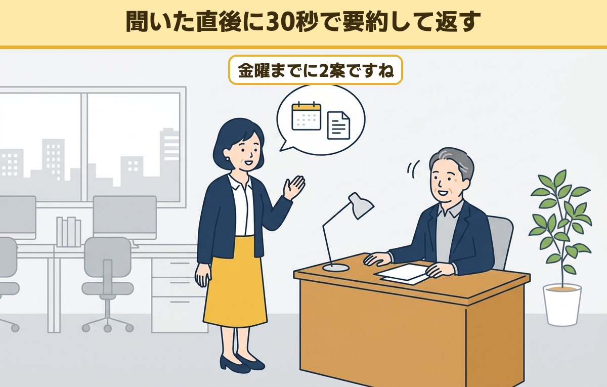 上司の指示を聞いた直後に、要点を短く言い直して確かめる40代の会社員