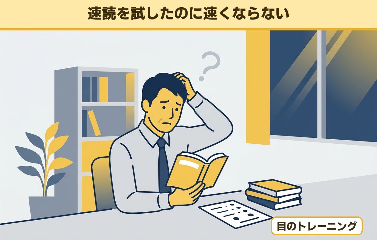 40代の会社員が目のトレーニングの紙を横に置き、本を開いたまま頭をかいて困っている様子