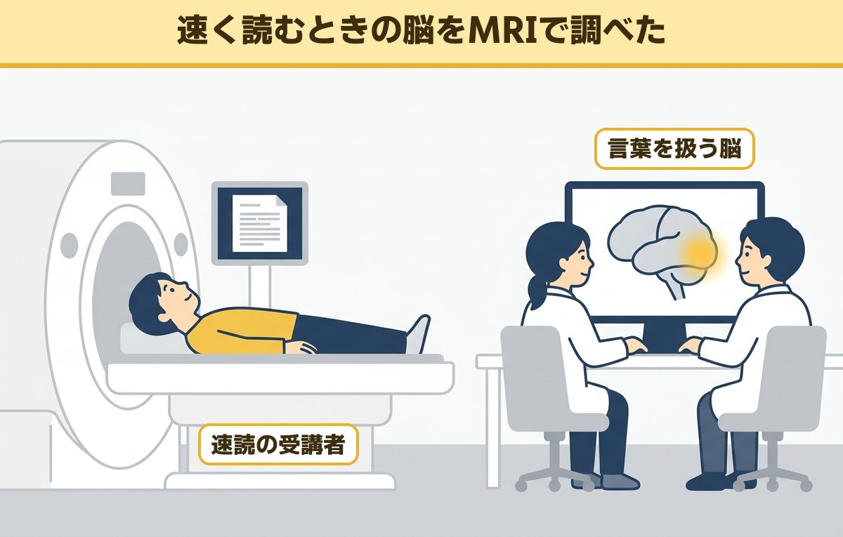 MRIの中で文章を読む速読の受講者と、脳の画像を見て変化を確かめる研究者の様子