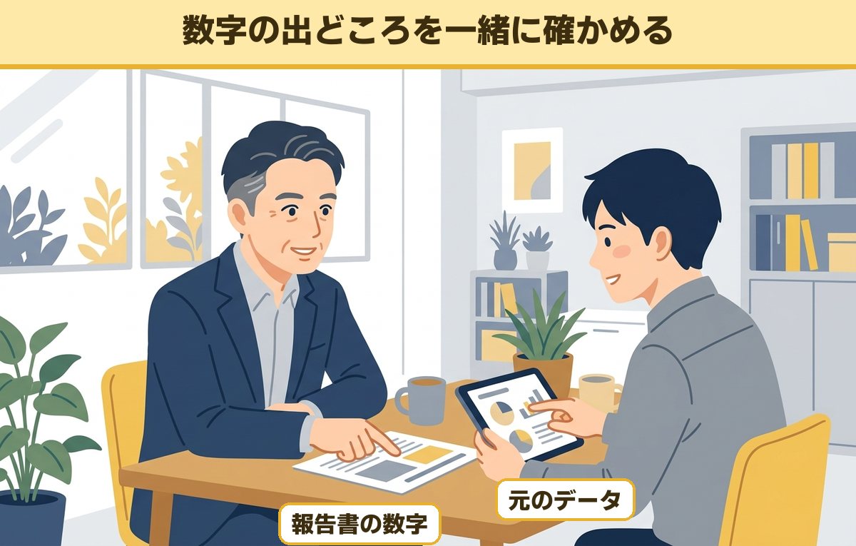 50代の上司が報告書の数字を指さし、30代の部下がタブレットで元のデータを見せながら説明している打ち合わせの場面