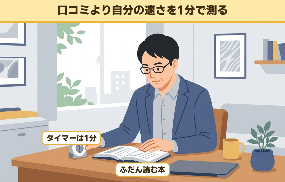 自宅の机で開いた本の横にタイマーを置き1分間の読む速さを測る40代の男性会社員