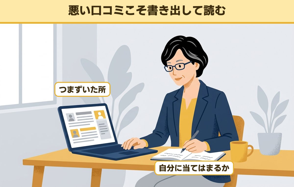 机でノートパソコンの口コミを読みながら手帳に気づいたことを書き出す50代の女性会社員