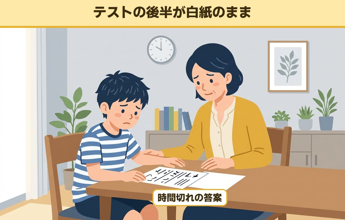 返ってきたテストの後半が白紙のままで困っている小学生の男の子と、横で答案を見る母親