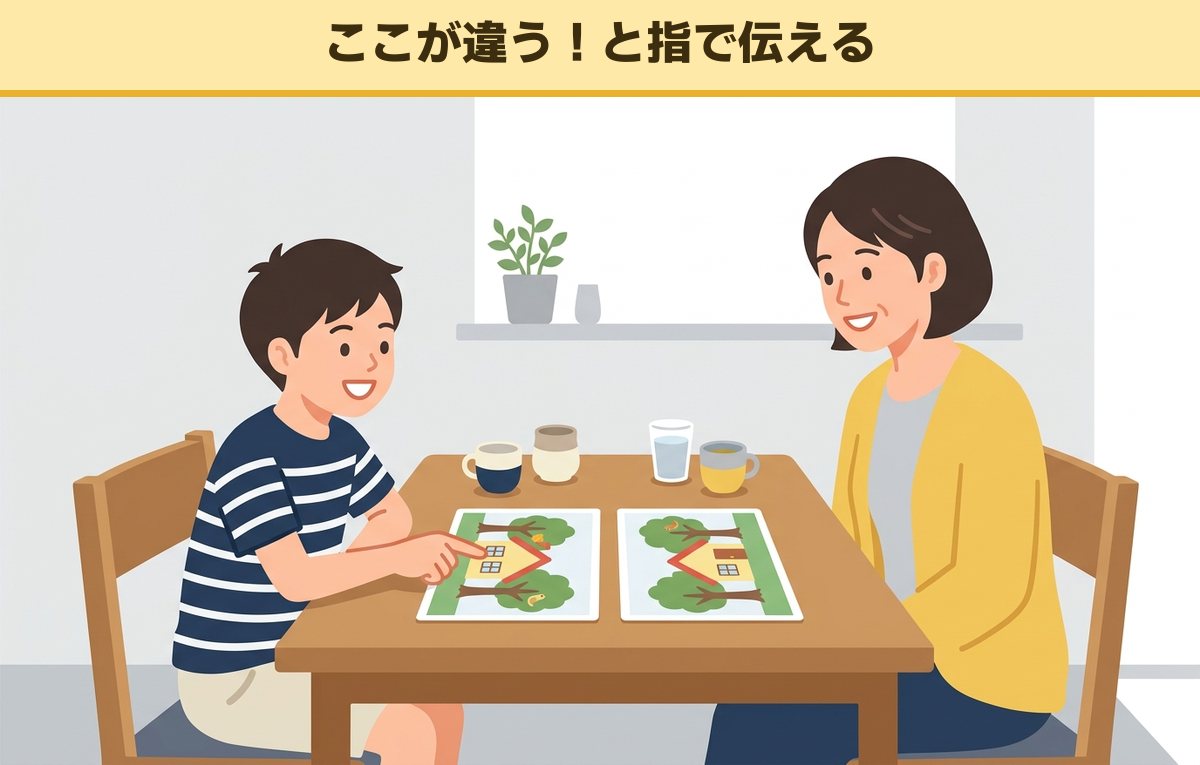 食卓で2枚の絵を見比べ、違う所を指さして母親に説明する小学生の男の子