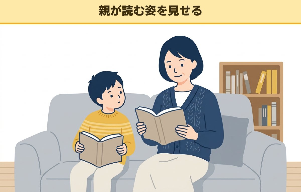 リビングのソファで母親と小学生の息子が並んで、それぞれ自分の本を読んでいる場面