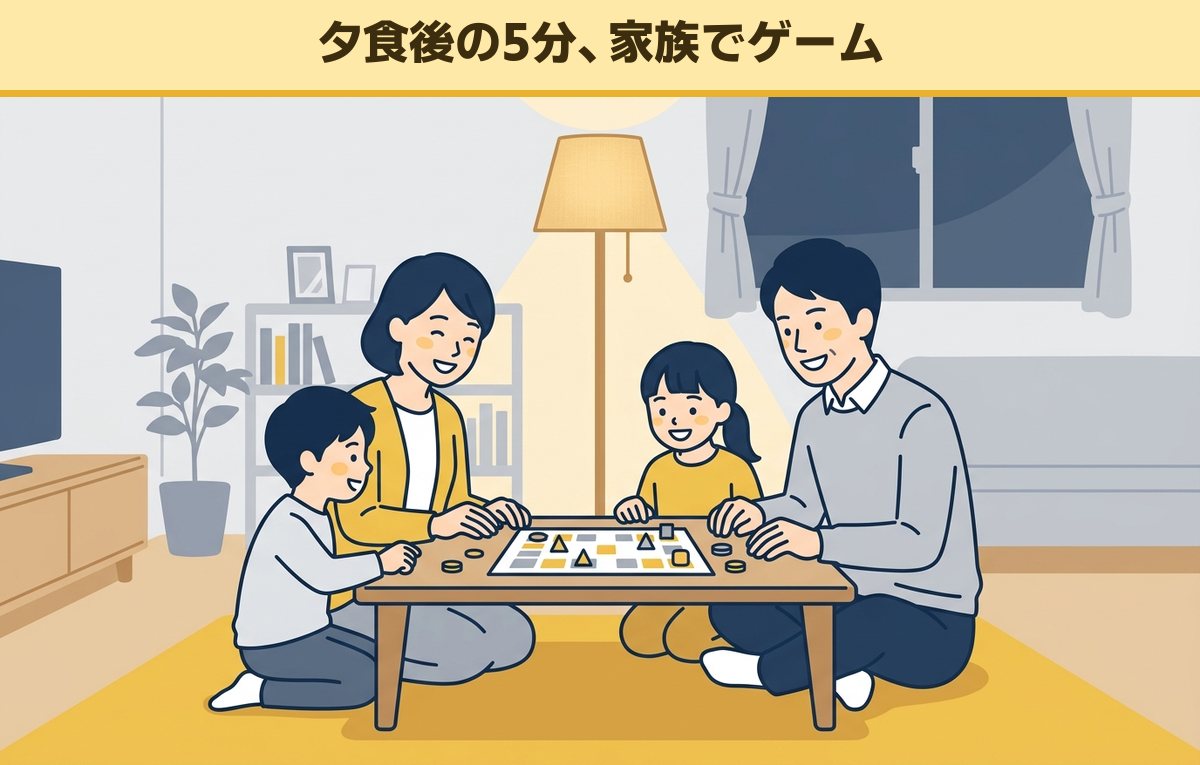 夕食後の居間で、40代の両親と小学生の兄妹が低いテーブルを囲んでボードゲームを楽しんでいる