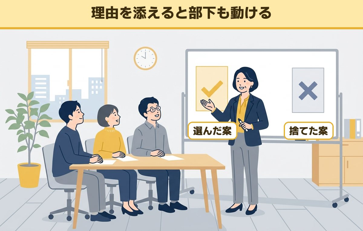 管理職がホワイトボードの選んだ案と捨てた案を指しながら、部下3人に決めた理由を説明しているイラスト
