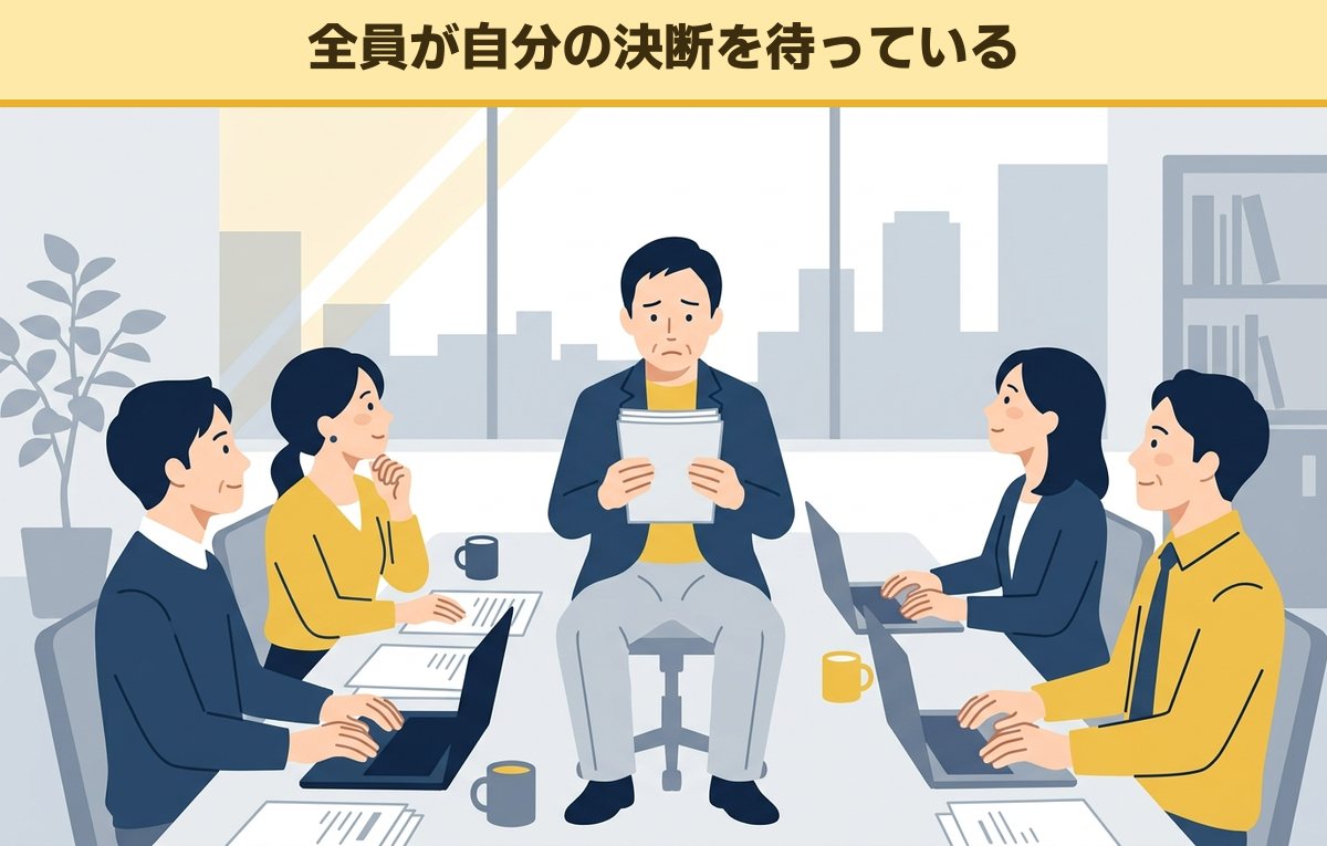 会議のテーブルで、部下4人が資料を持った50代の管理職の決断を待っているイラスト
