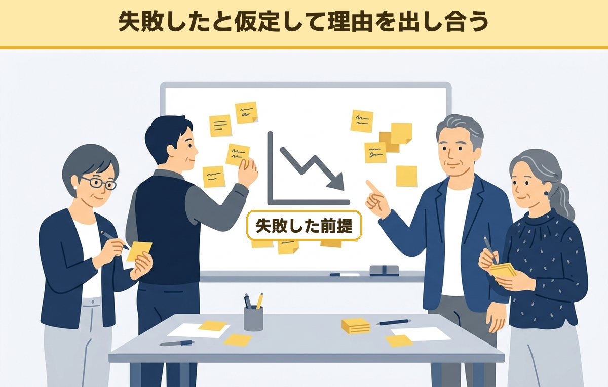 チームの4人が、計画が失敗したと仮定して、その原因を付箋に書いてホワイトボードに貼っているイラスト