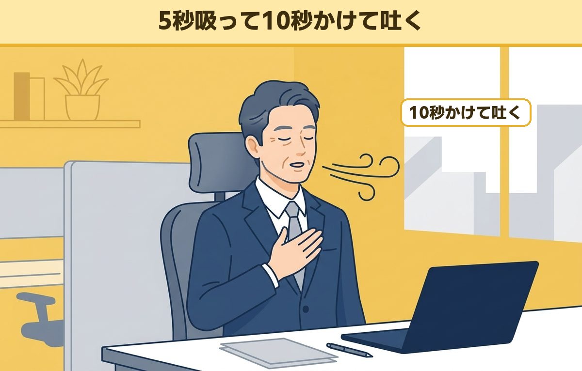 会議の前に、胸に手を当てて目を閉じ、ゆっくり息を吐いて気持ちを落ち着かせる40代の会社員