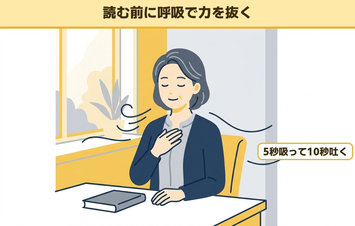 本を開く前に、窓辺の机で目を閉じて胸に手を当て深呼吸する40代の女性のイメージ