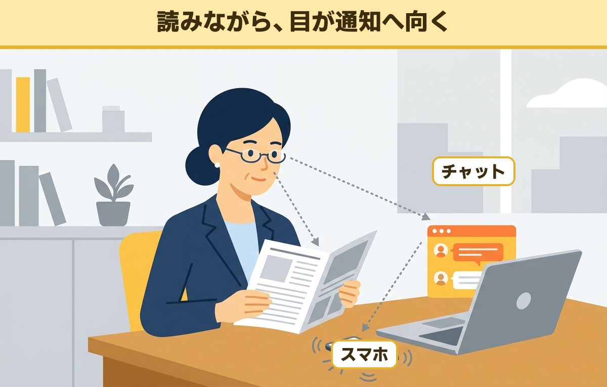 資料を読んでいる女性の目が、パソコンのチャットとスマホの通知に引っぱられている場面
