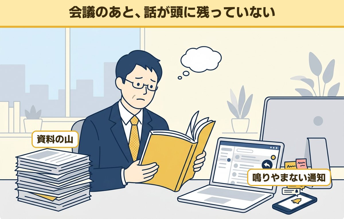 資料の山と通知に囲まれた40代の会社員が、会議で聞いた話を思い出せずに困っている場面