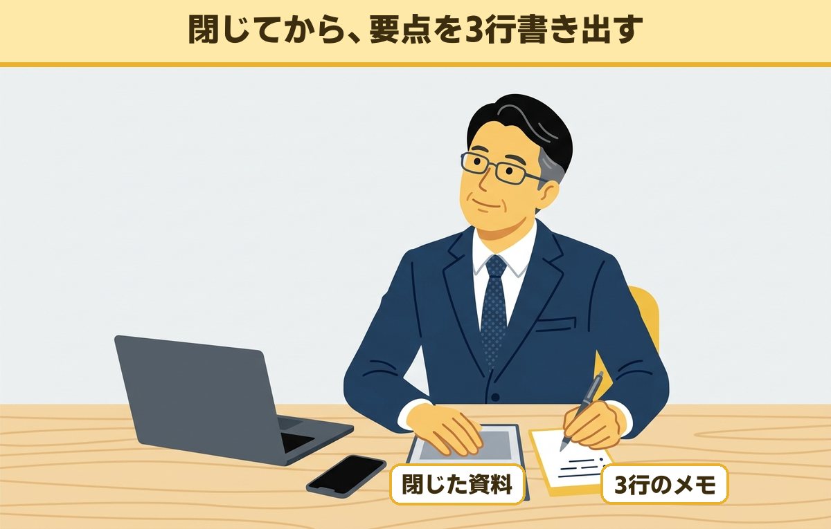 資料を閉じて手を置いた50代の会社員が、何も見ずに要点をメモに書き出している場面
