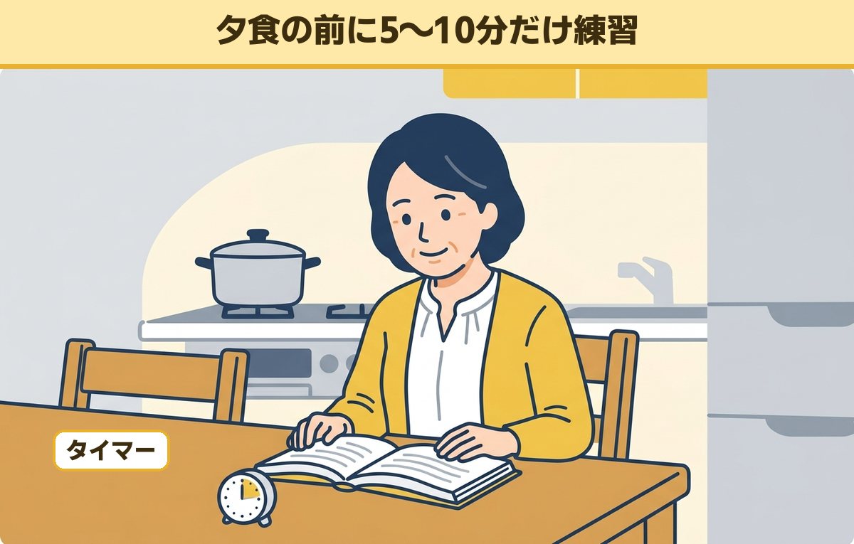 夕食の前、台所のテーブルでタイマーを置いて短い読書練習をする40代の女性のイメージ