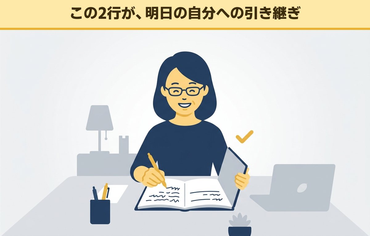 ノートのページの一番下に短い2行を書き足し、閉じようとしている40代の女性