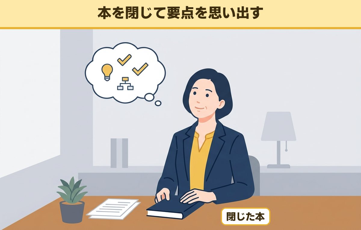 読み終えた本を閉じて、要点を思い出している40代の女性