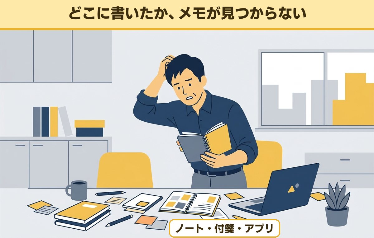 ノートや付箋やメモ用紙が散らばった机の前で、目当てのメモが見つからず頭をかく40代後半の会社員