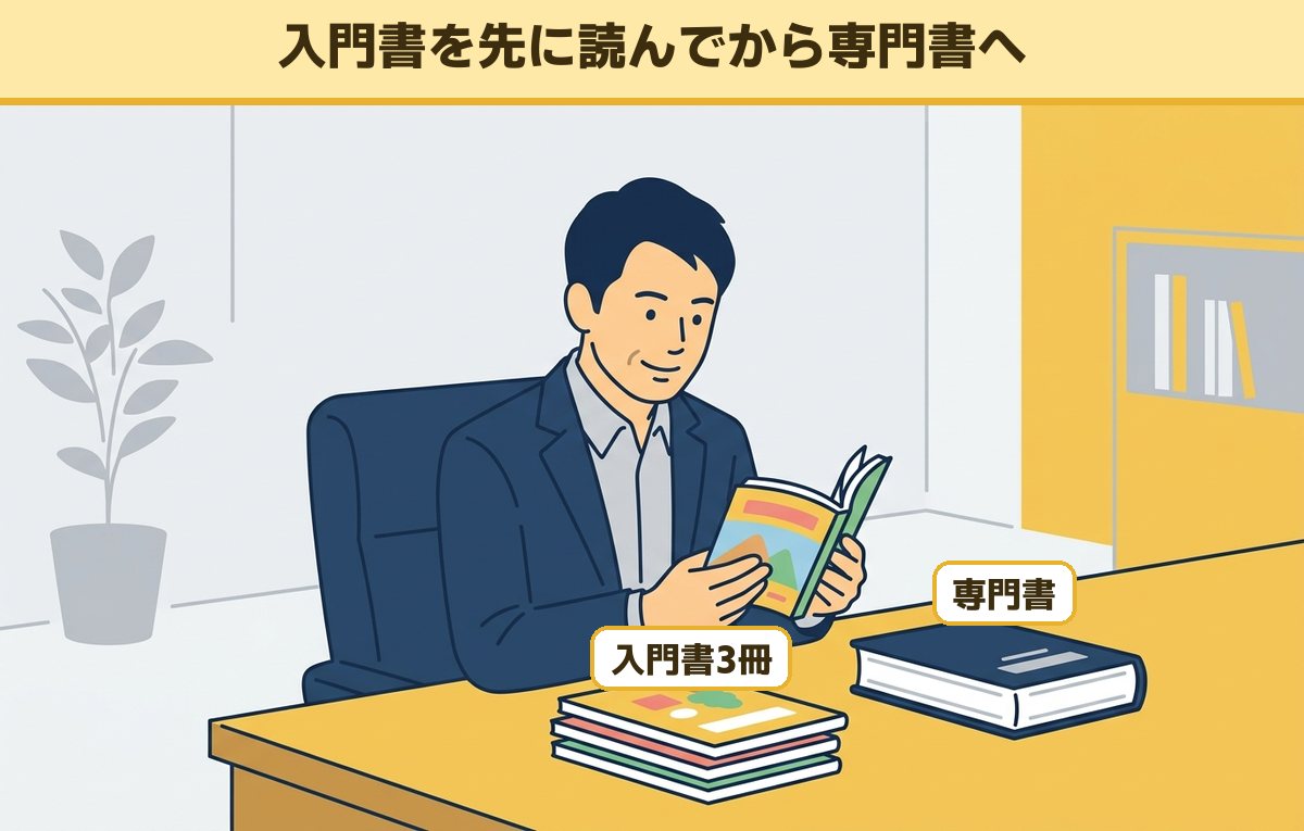 薄い入門書を先に読み、分厚い専門書は後に回している40代の会社員