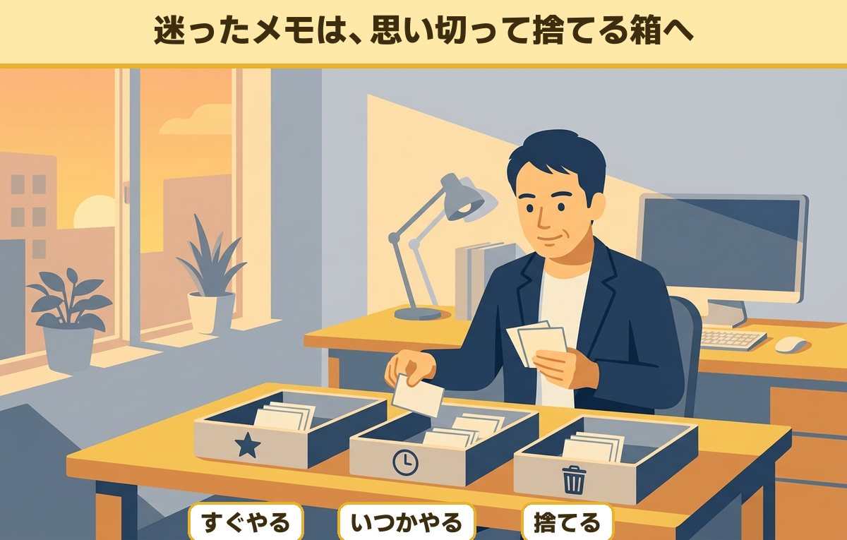 金曜の夕方、机の上の3つのトレーにメモのカードを振り分けている40代後半の会社員