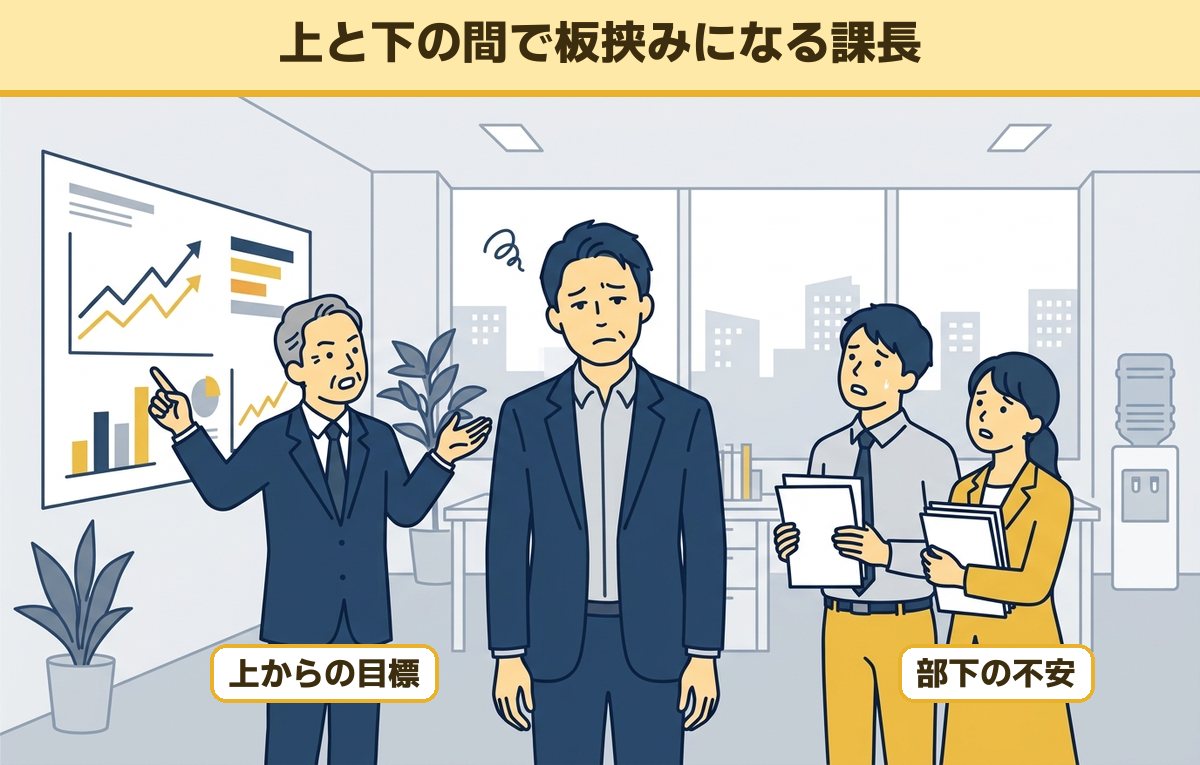 目標の数字を示す上司と書類を抱えて不安そうな部下2人の間で、困った顔で立つ40代の男性課長