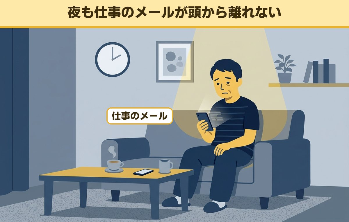 夜の自宅のソファでスマホの仕事のメールを見つめる50代の男性管理職
