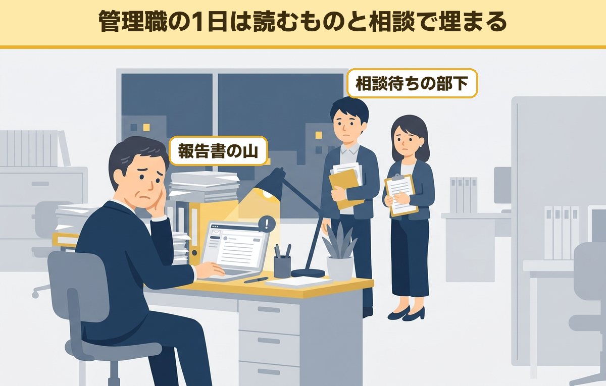 報告書の山とメールに囲まれて頭を抱える40代の男性管理職と、書類を持って相談を待つ部下2人