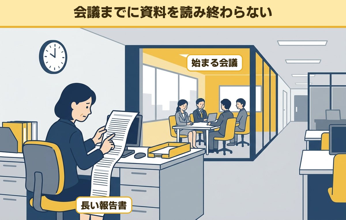 会議が始まりそうな部屋を背に、長い報告書を指でなぞりながら1行ずつ読む40代の女性管理職