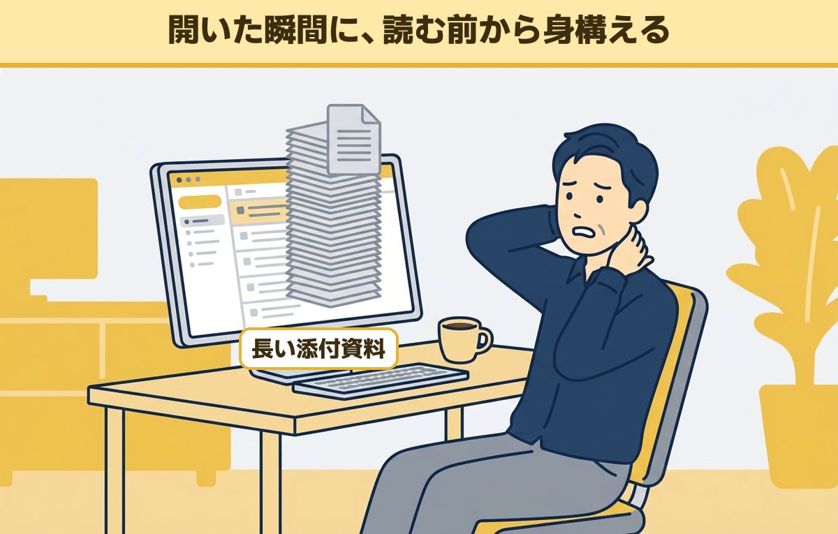 長い添付資料のついたメールを開いて、読む前から首に手を当てて身構える会社員