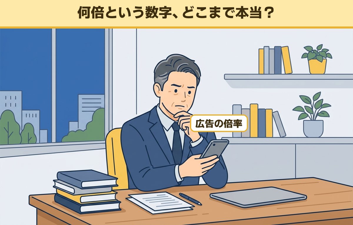 スマホで速読の広告に出てくる倍率を見て、首をかしげて考えている40代の会社員