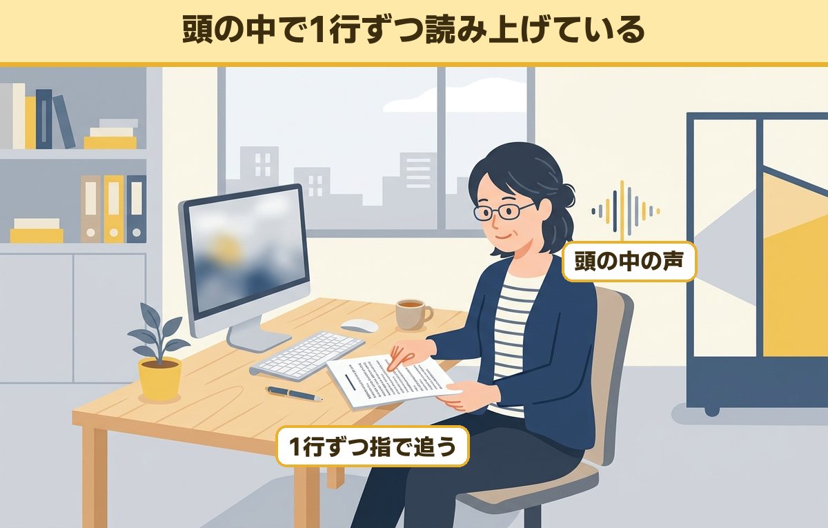 会社の机で資料を1行ずつ指でなぞりながら、頭の中で文字を読み上げている40代の女性