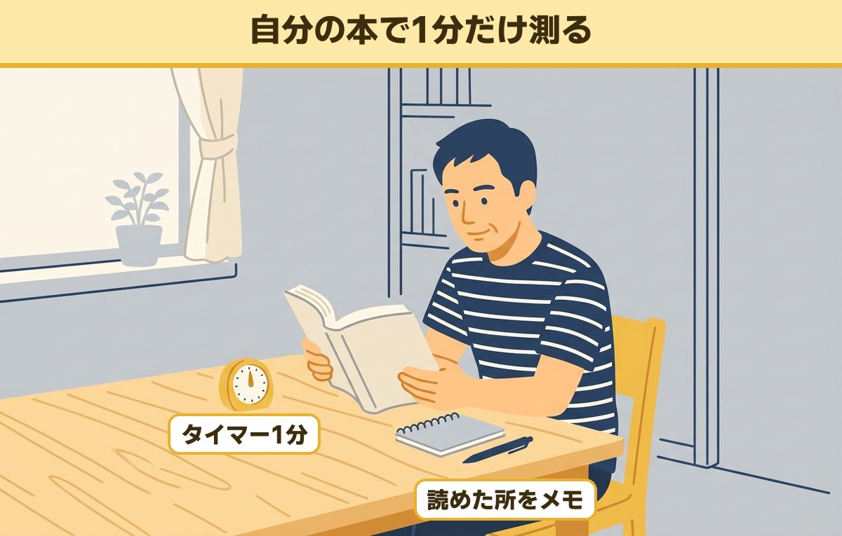 自宅のテーブルで自分の本を読みながら、横にタイマーとメモ帳を置いて読む速さを測っている50代の男性