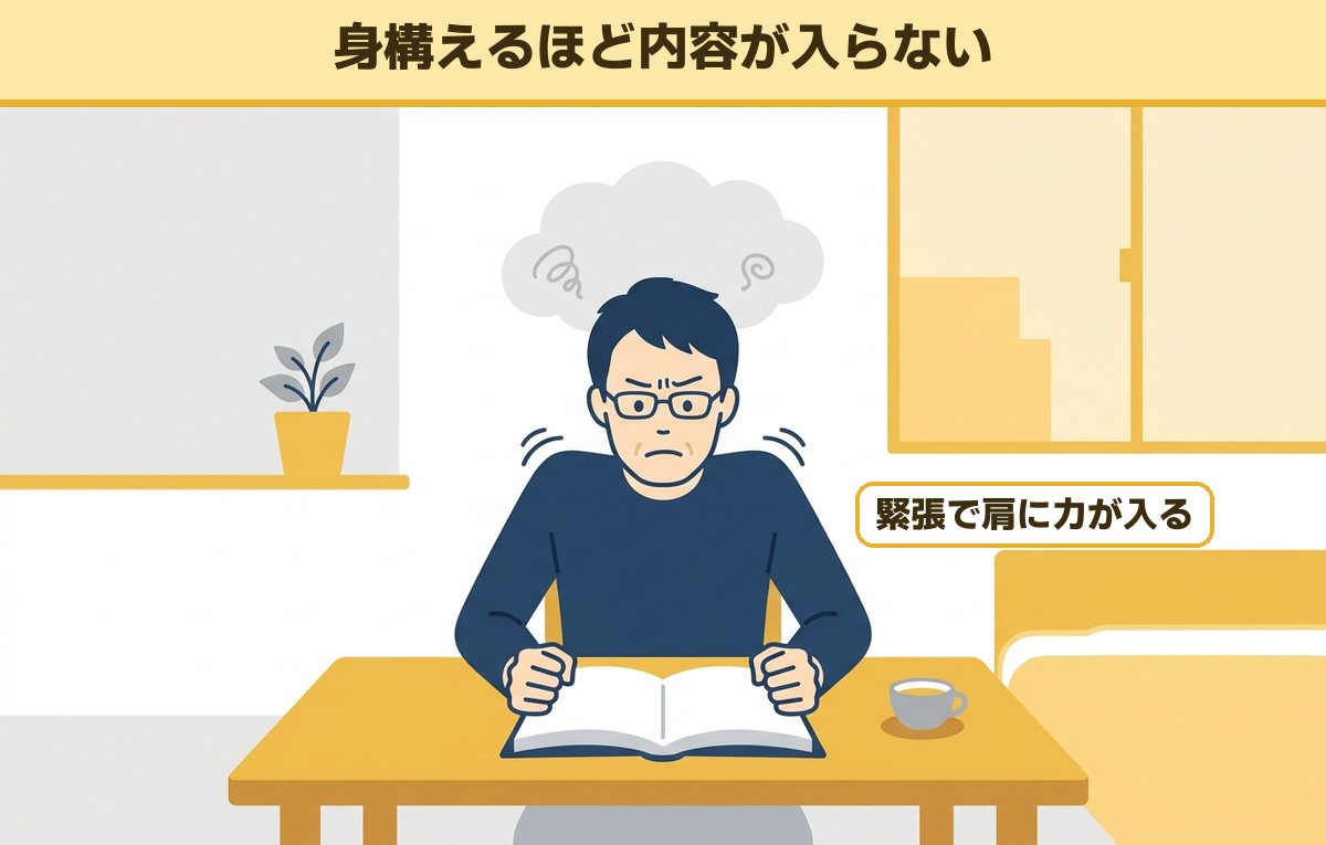 本を前にして肩に力が入り、身構えている40代の男性
