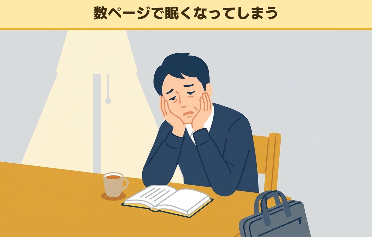 夜の食卓で本を開いたものの、数ページで眠くなって頬づえをつく40代の男性